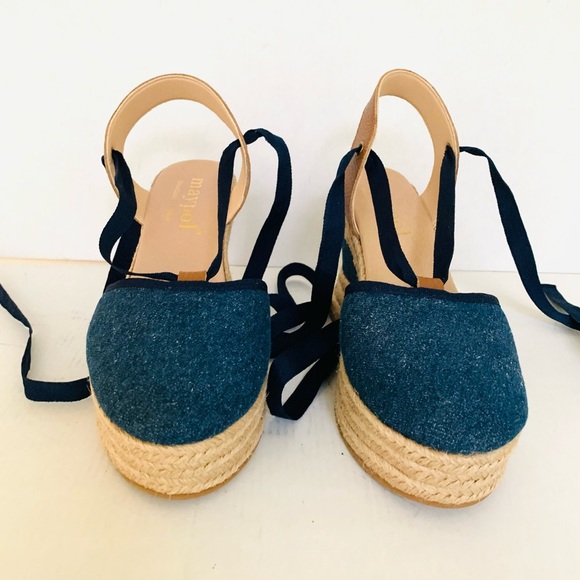 Gorgeous blue denim espadrille tie-up shoes platform wedges leather sling back - Picture 4 of 10
